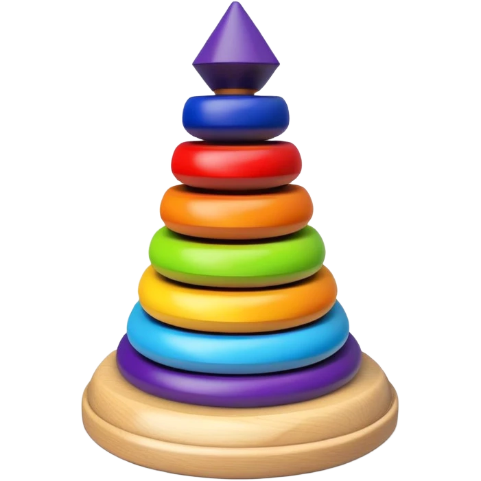 Children's stacking pyramid toy with rings in rainbow order: red, orange, yellow, green, light blue, dark blue, and purple rings emoji