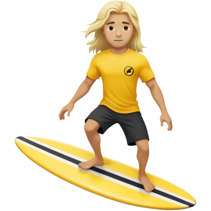 Man surfing on a yellow white board with long blond hair, yellow t-shirt with black Nike logo in center of chest, black baggy sweatpants. emoji