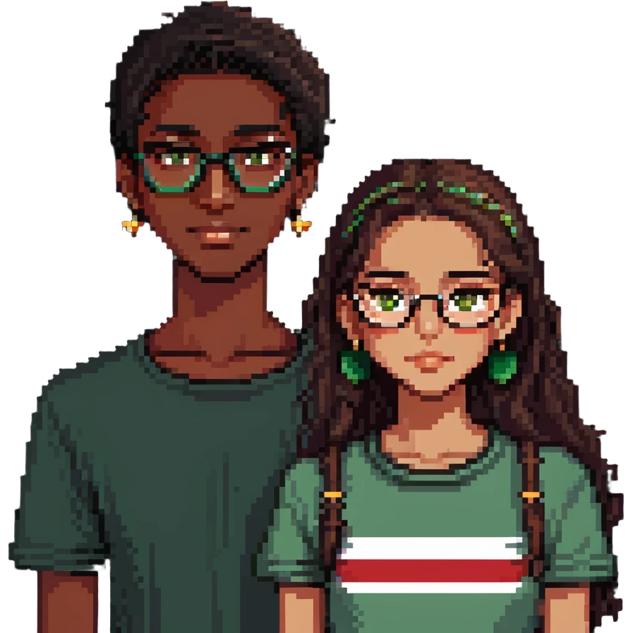 pixel art style couple: medium height beautiful Mexican girl and dark-skinned boy with glasses, green-brown eyes, crescent moon scar on chin emoji