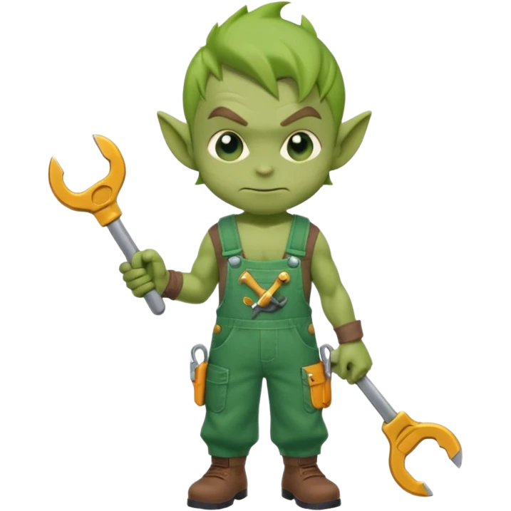 short green goblin, hold a wrench, cute chibi full body emoji