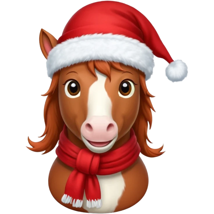 a fairy-tale funny winter horse in a red hat with a white scarf emoji