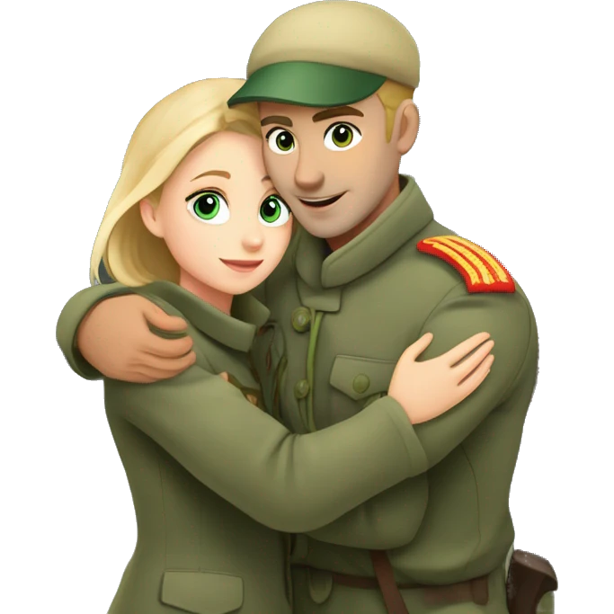 Russian soldier blond with blue eyes with a green military cap hugs a girl in a gray coat with brown hair and green eyes at the train station emoji