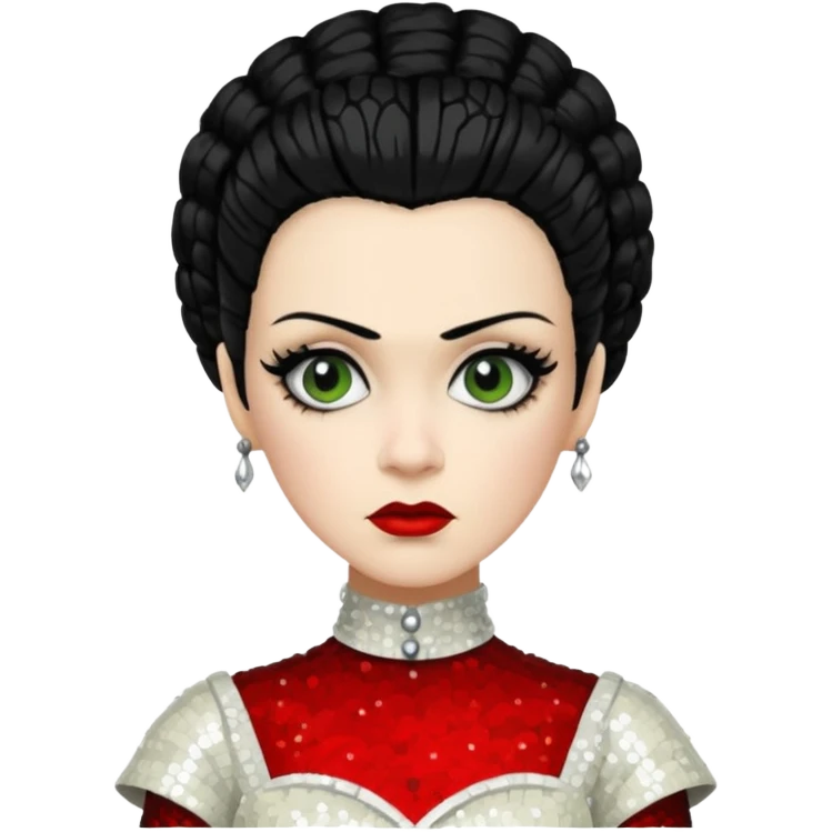 Bride of Frankenstein with black hair, ivory sequin outfit emoji