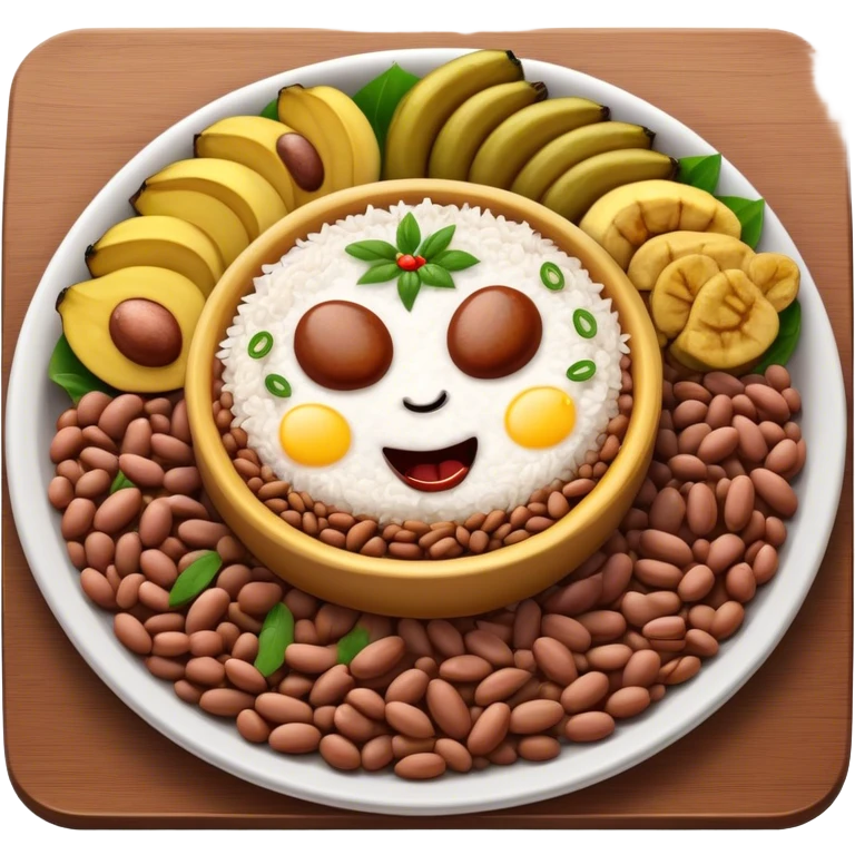 Cinematic Realistic Bandeja Paisa Dish Emoji, depicted as a hearty platter featuring beans, rice, meat, and plantains rendered with detailed textures and vibrant, robust lighting. emoji
