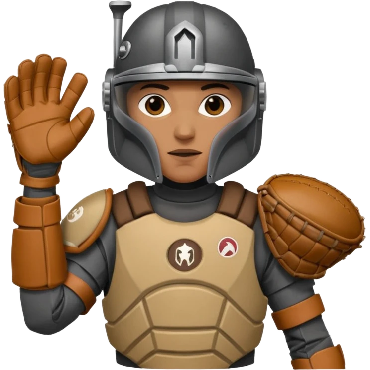 Mandalorian using a Catcher's mitt.  He looks ready to catch a ball.  Make the catcher's glove oversized.  Put a dark visor in the helmet.   emoji