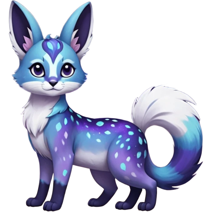 Colorful black-violet-indigo-purple-gradients nebulae nebula starry galactical shiny white-stars-spotted glorious iridescent divine exotic cute cool beautiful realistic Meloetta-caracal-civet-sergal-bunny-oncilla-animal-Fakémon-hybrid-fursona (full body) emoji