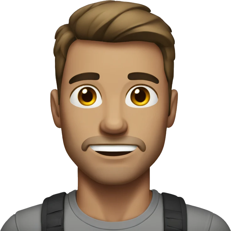 man with muscles, brown hair, gray T-shirt, gray eyes emoji