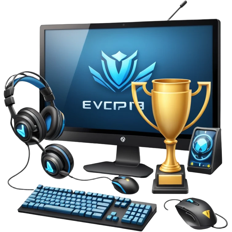 An icon featuring a gaming setup with a high-tech monitor displaying a competitive game, a keyboard, and a gaming mouse. The design includes a headset and a trophy, symbolizing victory and skill in esports. Transparent background highlights the energy and precision of professional gaming. emoji