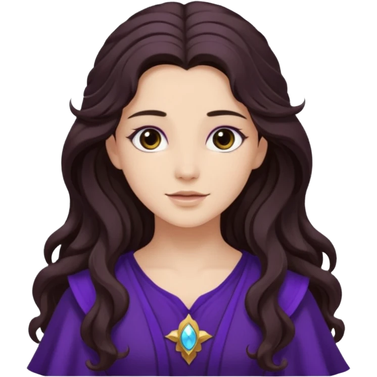 Libera from Olympus Gods with long dark brown wavy hair, deep purple tunic emoji