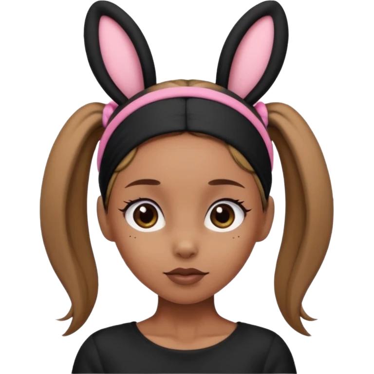 "A tan-skinned person with a high brown ponytail wearing a headband with black bunny ears. The character is dressed in a stylish black outfit. The emoji style should be cute, expressive, and modern — simple but detailed enough to show the ponytail, bunny ears, and outfit clearly." emoji