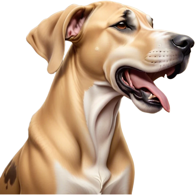 Cinematic Cute Yawning Fawn Great Dane Portrait Emoji, Head tilted slightly with a dramatic, wide-open yawn, revealing a smooth fawn Fur with a refined texture, floppy ears slightly drooping, round amber eyes barely open in drowsy contentment, Simplified yet irresistibly adorable features, highly detailed, glowing with a soft, cozy glow, high shine, relaxed yet expressive, stylized with a touch of whimsy, bright and endearing, soft glowing outline, capturing the essence of a sleepy yet affectionate guardian, so drowsy it feels like it could stretch out of the screen and curl up for a nap! emoji