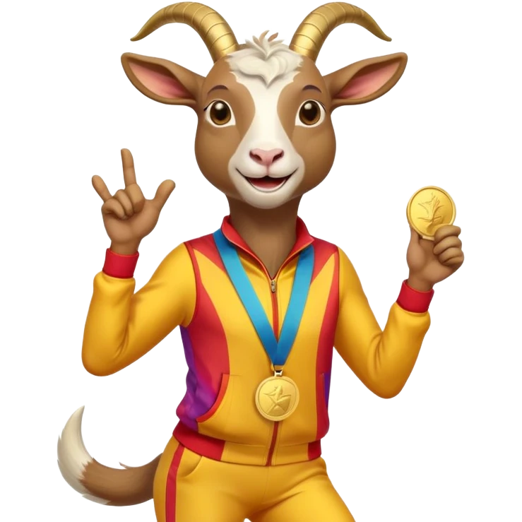 friendly anthropomorphised goat jogging upright in a colourful suit, holding up a medal, relaxed pose emoji