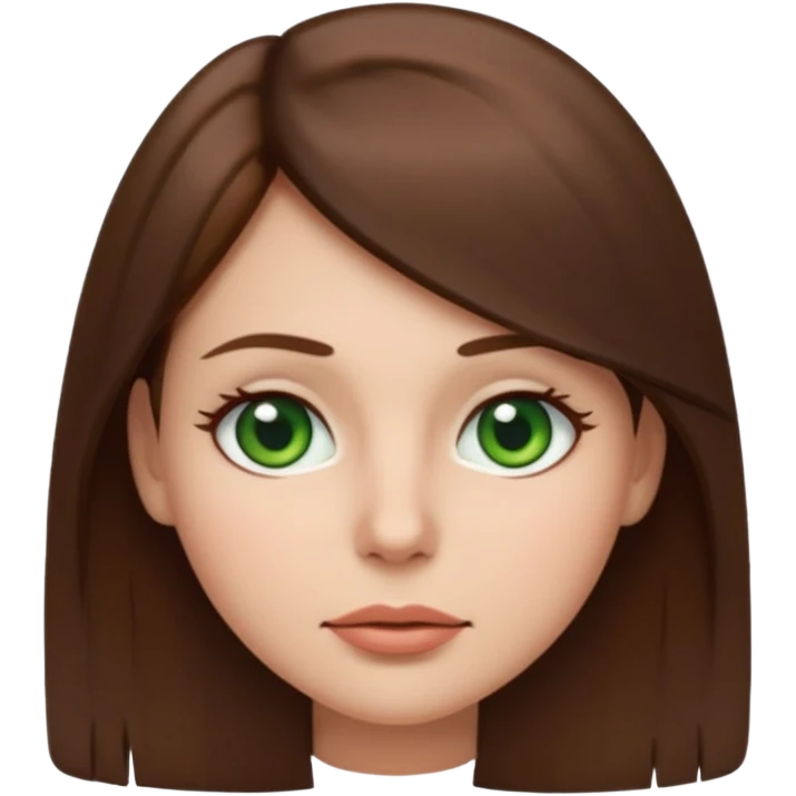 Female face emoji. Straight medium-length brown hair, fair skin, green eyes, neutral expression, closed lips, minimal makeup emoji