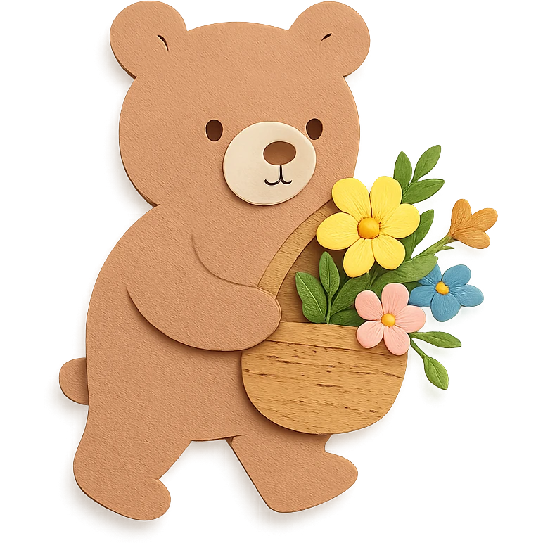 bear carrying a basket of wildflowers, soft pastel brown and cream, paper craft style emoji