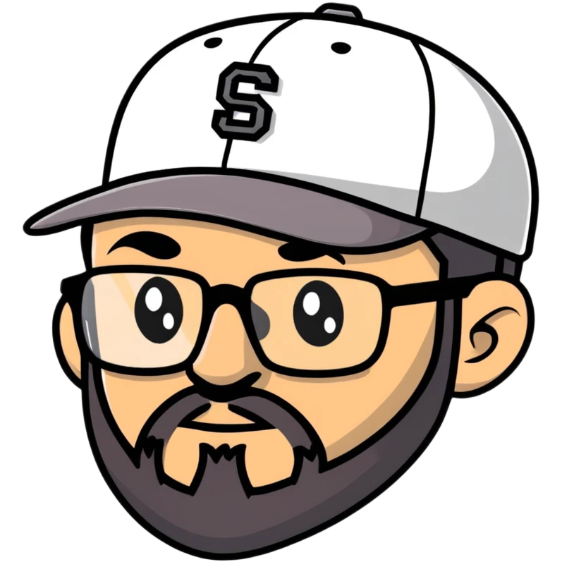 adventurer with goatee beard (no beard on cheeks), short hair, glasses and backwards baseball cap emoji