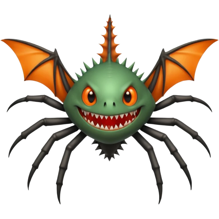A bat with acid all in his body and his eyes  replaced with shark teeth and his hand in his back ( four hand) and his spines will be very spiky  and his leg will like a spider and last his eyes or 4 eyes will be in his hands and the colour of the eyes will orange and black emoji