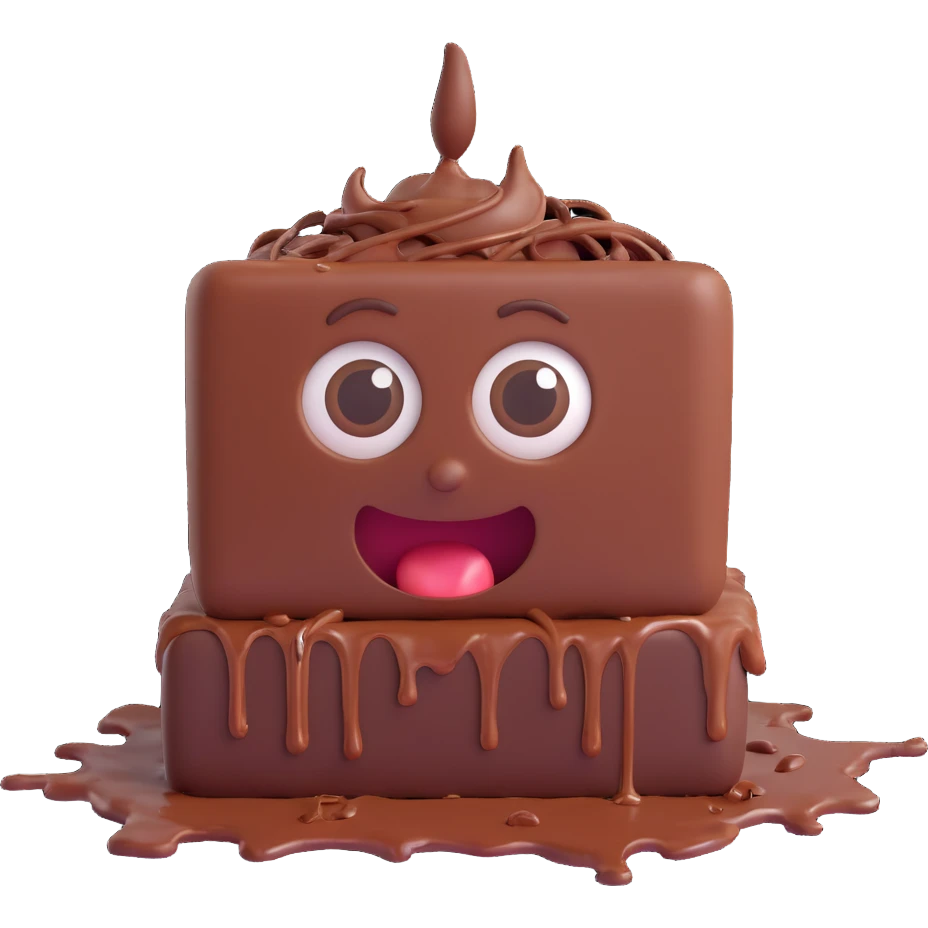 Rectangular chocolate mini pastry, slightly messy and squished, chocolate dripping, big round eyes, wide open mouth, playful surprised expression, text above: "ПАСТИЧКА", chibi style, Twitch emoji style, transparent background, colorful

 emoji