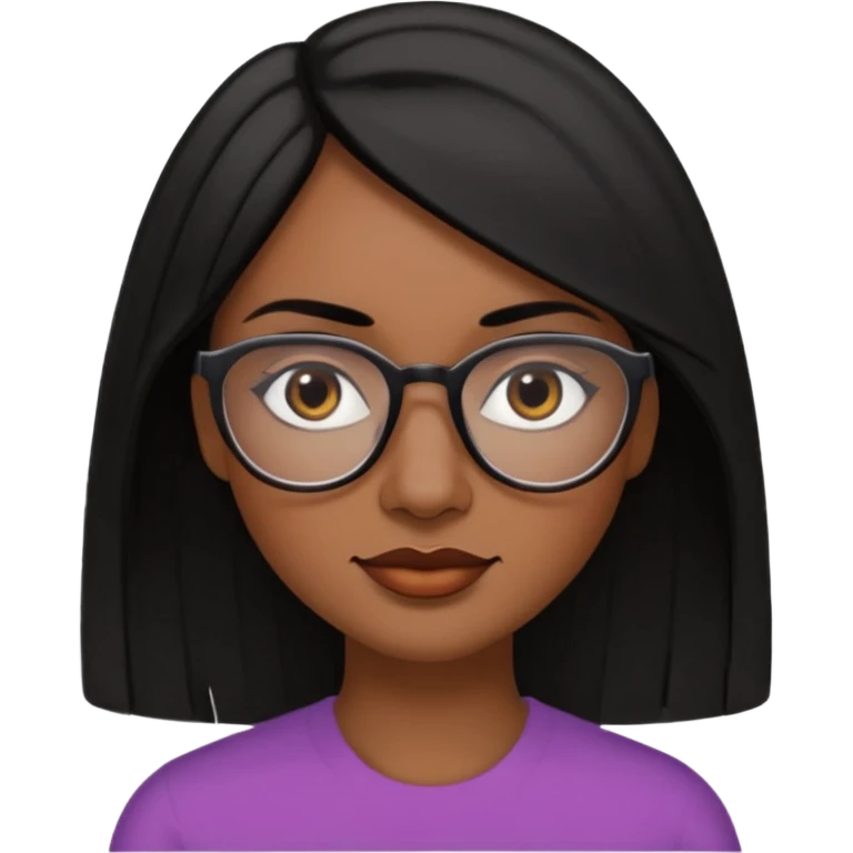 A 35 years old  woman emoji with medium-dark skin, straight shoulder-length black hair parted to the side, an oval-shaped face, arched dark eyebrows, large brown eyes with glasses, a small nose, and natural-toned lips. emoji
