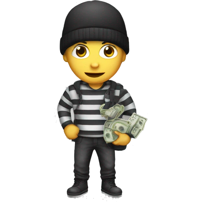robber with grey beanie, striped black and white shirt,and bag of money emoji