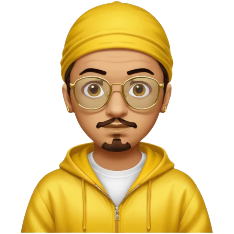 Ali G from Ali G Indahouse with brown eyes, dark brown hair, gold outfit, yellow glasses emoji