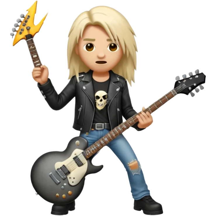 3D Apple-style emoji of a metal musician holding an electric guitar with a bold "ROCK" sign above. Long hair, black leather jacket, ripped jeans, intense expression. Rounded, glossy, smooth, soft shadows, white background.











 emoji