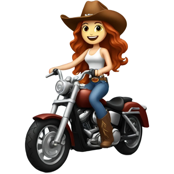 Long wavy haired Redhead with a cowboy hat and boots riding a Harley  emoji