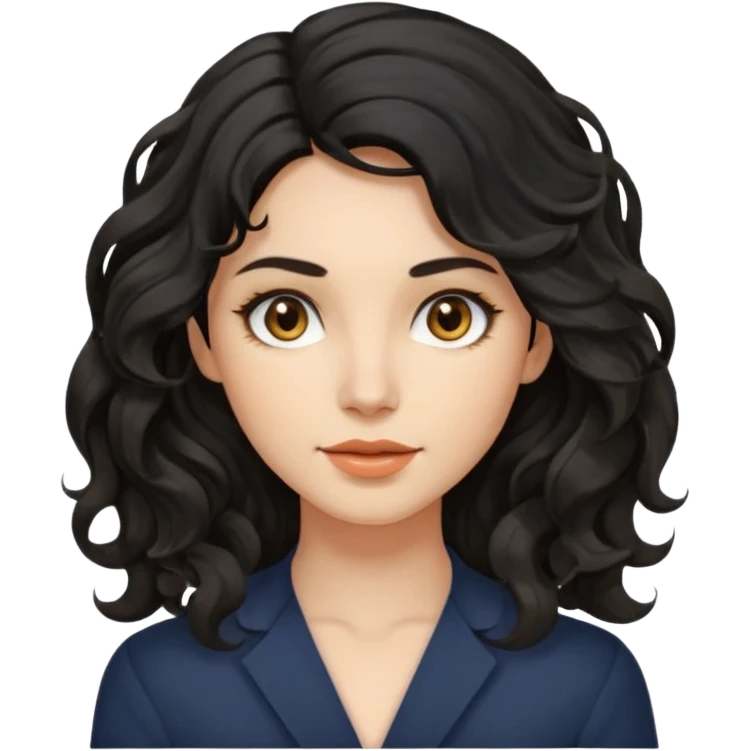 this avatar of 30th year-woman has shoulder-length black wavy hair with loose curls framing the face, and a long, pointed face with golden-brown eyes and a calm, neutral expression. emoji
