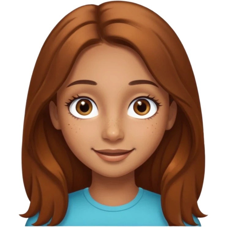 Girl with long brown hair in a middle part and light brown eyes smiling with a few freckles and beauty mark by her check and by her eye on the other side and very long eyelashes and big wide ish eyes  emoji