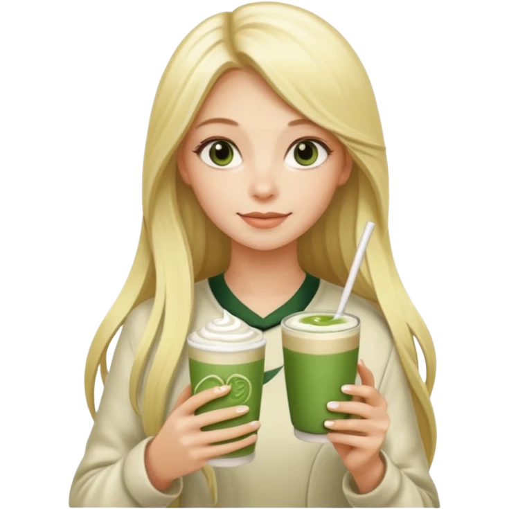 blonde luxury long hair girl with 1 matcha latte and 2 straws emoji
