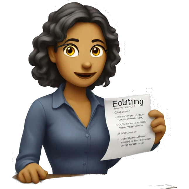 Female writer with a sign that says: Editing Complete emoji