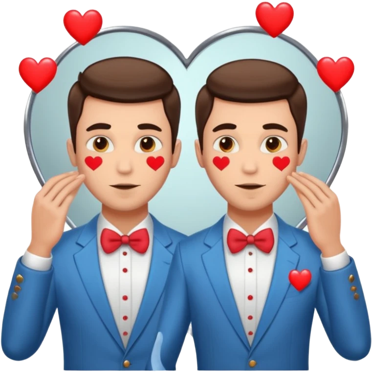 Narcissist fully dressed man with hearts instead of eyes looking in a mirror and admiring his reflection  emoji