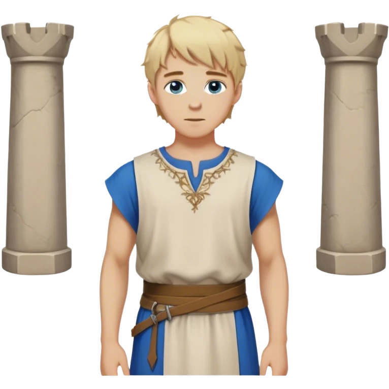 medieval summer outfit worn by a DnD themed fantasy character. basic lightweight sleeveless tunic with a decorative trim along the edges. clothes only above the waist. The clothes full waist. The character's haven't arms. character is blonde hair, blue eyes, short messy hair, white-skinned man. emoji