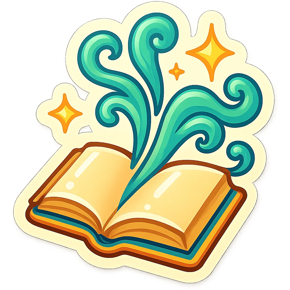 An open book with magical effects and glowing swirls coming out, strong contours, visible shadows, and shiny highlights for a vibrant retro sticker appearance emoji