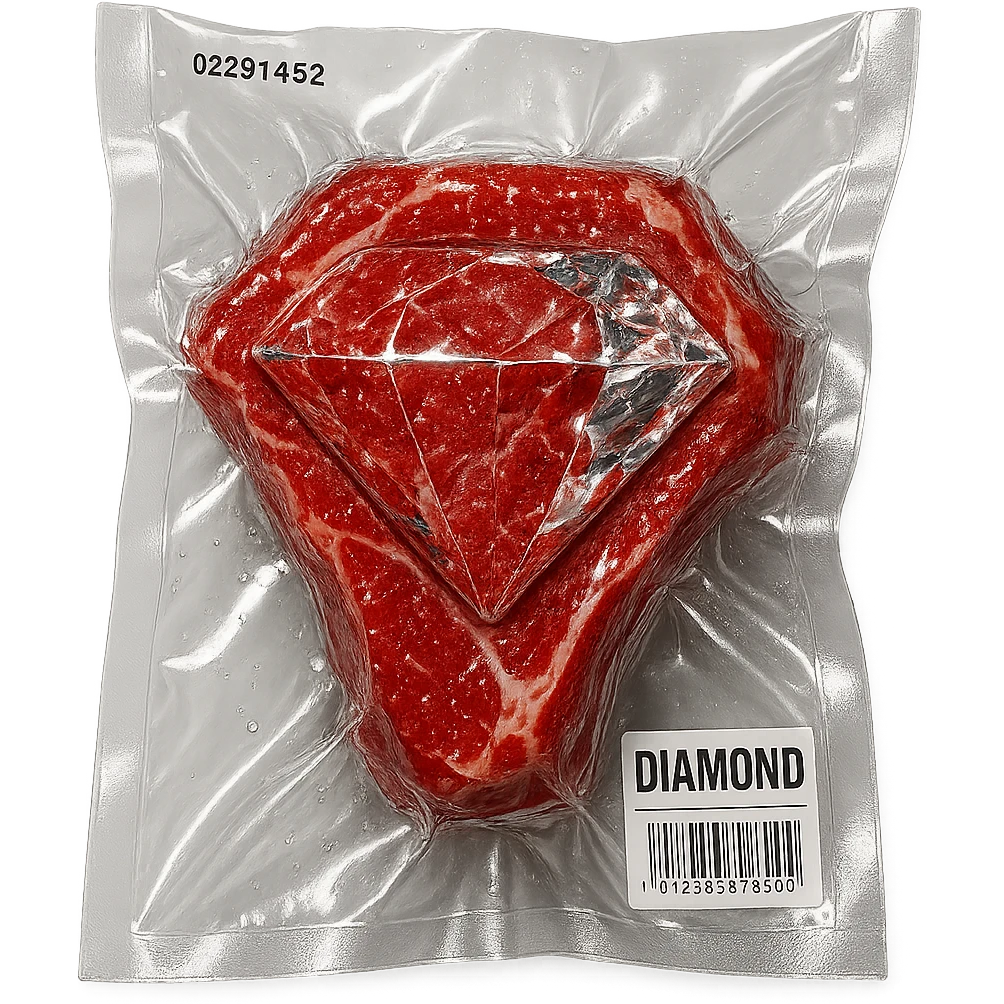 meat steak with sparkling diamond facets, glossy and puffy, no background emoji