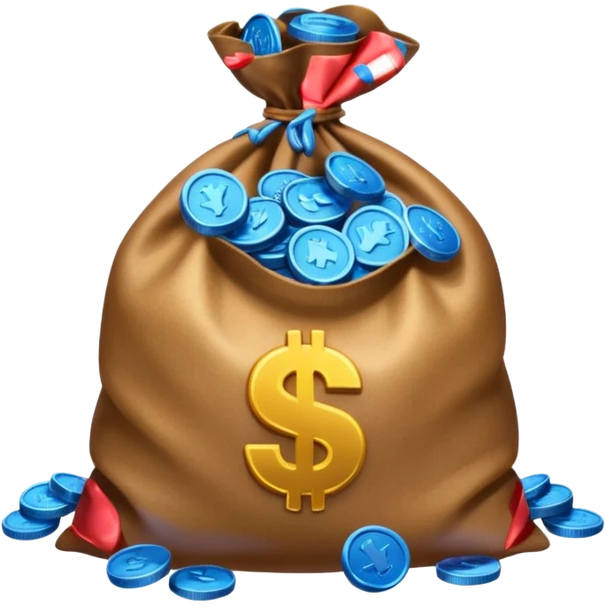 blue coins inside an opened brown money bag  emoji
