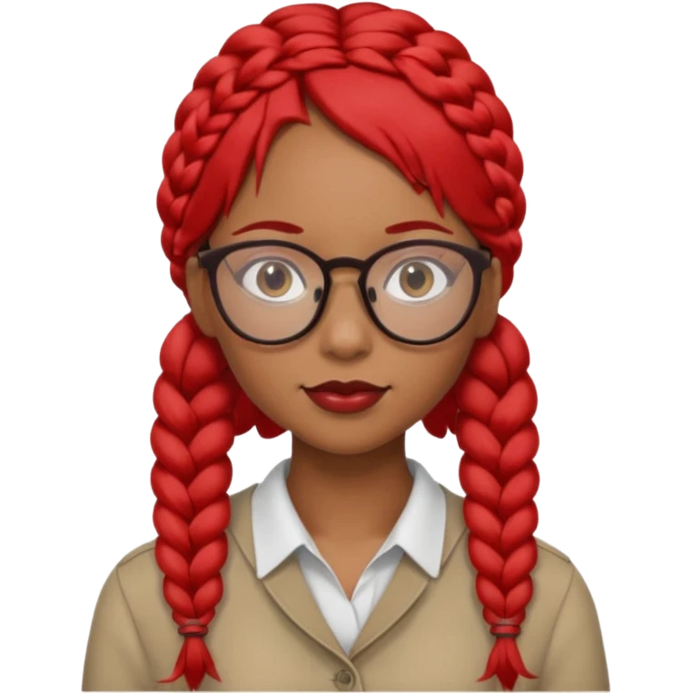 Dark Tan girl with two long red plaits and red rimmed  glasses head neck and shoulder shot only emoji