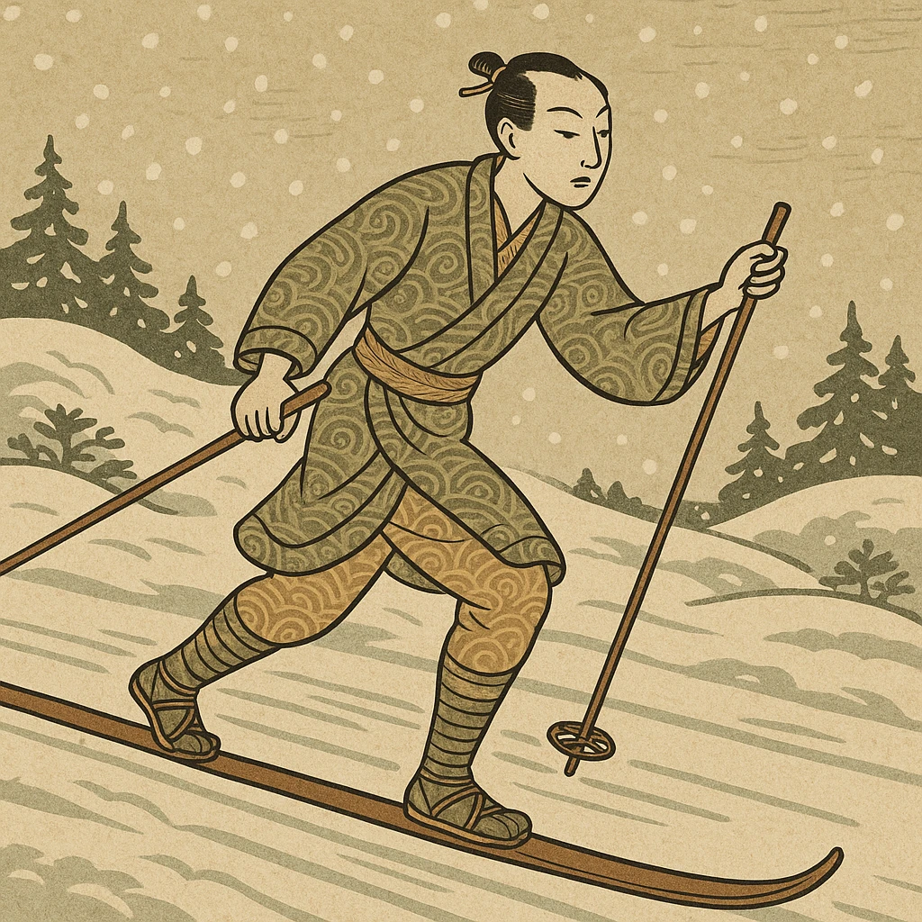 person skiing cross-country, ukiyo-e inspired, snowy background, elegant pose, classic Japanese art style emoji