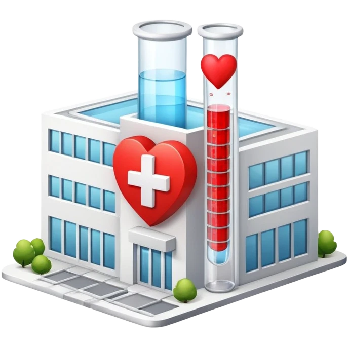 Modern clinic building red cross test tubes heart icon emoji