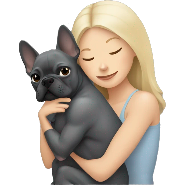Blonde woman hugging dark gray french bulldog emoji
