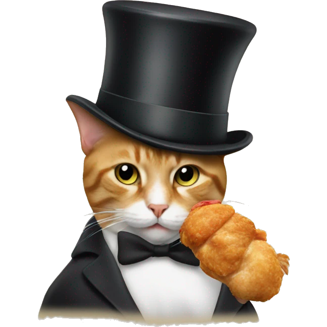 a cat wearing a top hat eating a piece of chicken emoji