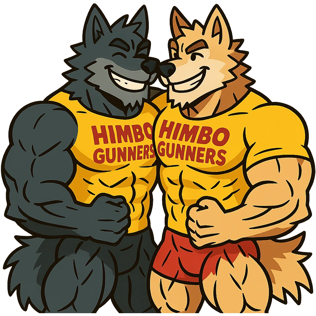 two super buff wolf furries with matching 'Himbo gunners' t-shirts, hugging, happy and confident, exaggerated muscle definition, detailed fur and anatomy, high quality emoji