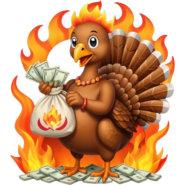 Can you create a turkey warming up a bag of money by a fire emoji