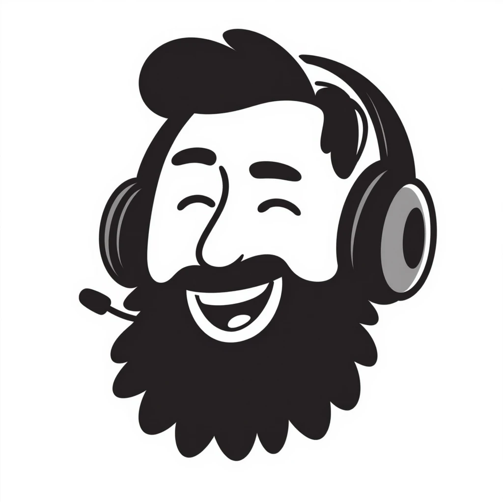 laughing man with black hair, brown eyes, black beard wearing gaming headset emoji