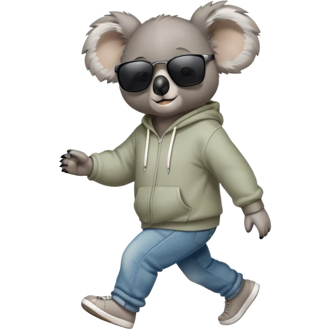 anthropomorphised koala full body wearing a hoodie and jeans dark sunglasses walking different pose emoji