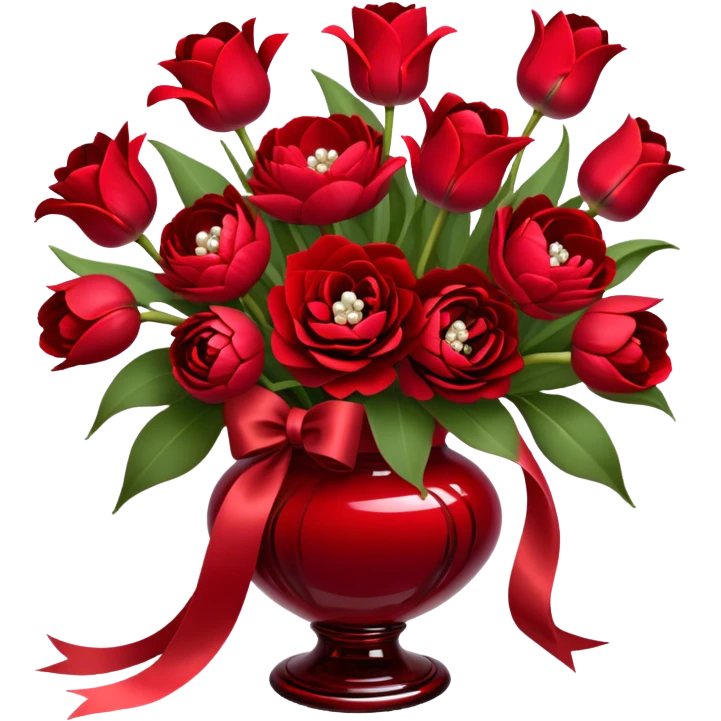 "A luxurious bouquet featuring deep red roses, vibrant red tulips, lush red peonies, and delicate red pansies, all tied together with elegant pearl-colored silk ribbons, arranged in a stunning crimson glass vase, set against a softly lit background."
 emoji