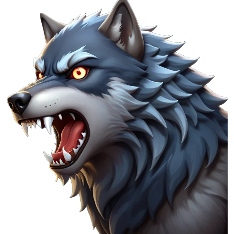 cinematic-noble-fierce-werewolf-howling-portrait-emoji, poised-and-imposing, with a fierce wolfish face tilted upwards in a haunting howl, glowing eyes full of primal ferocity, sharp, elongated fangs bared, and a rugged snout, fur rippling in shades of midnight black and silver, muscles tensed as the powerful howl echoes beneath the moonlit sky; rendered with realism, capturing the raw, untamed power of the beast in its wild, primal state emoji