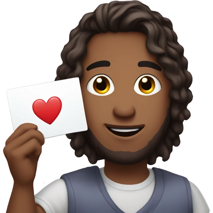 My boyfriend holding an I love you card, he's brunette with swooped hir emoji