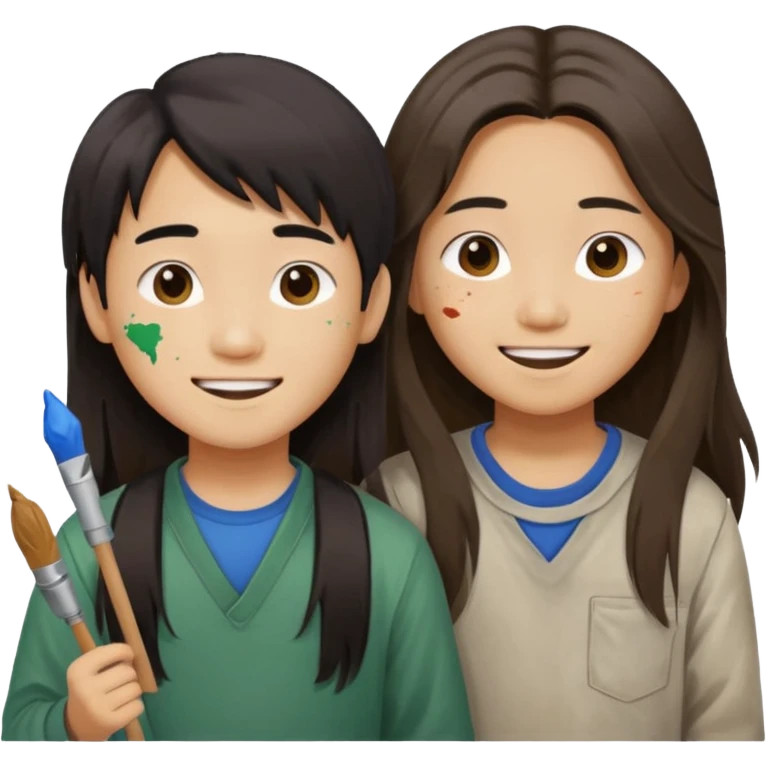 Happy Asian boy with long hair and girl messy painters emoji