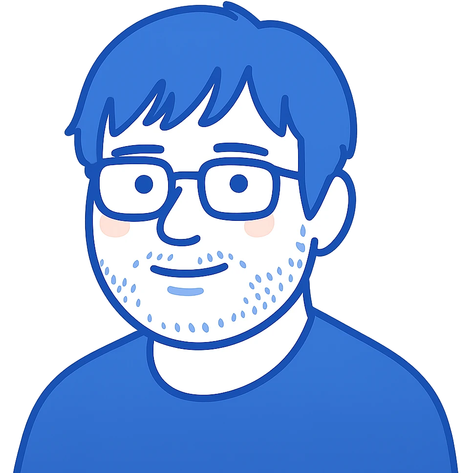 A man with glasses, longer messy hair with bangs, a round face shape but not overweight, a broader nose, and a short fine beard. Using blue colors instead of black for the lines and details. emoji