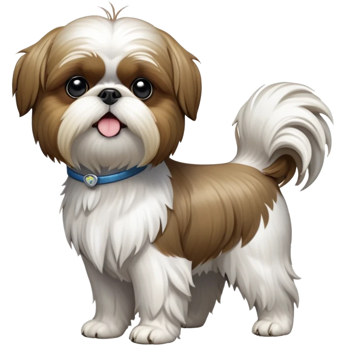 cinematic-[Shish tzu]-realistic-full-body-standing-emoji,-tail-resting-loosely-beside-its-paws,-head-tilted-dramatically, -scruffy-[white]-fur,-simplified-yet-realistic-focused-features,-highly-detailed,-glowing-with-an-almost-sarcastic-glow emoji